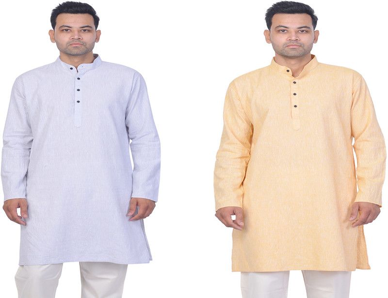 Pack of 2 Men Self Design, Solid Cotton Linen Straight Kurta  (Gold, Grey)