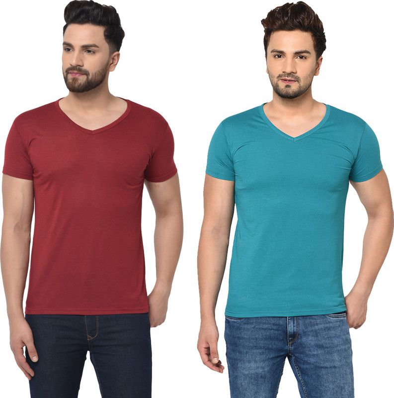 Pack of 2 Men Solid V Neck Cotton Blend Light Blue, Maroon T-Shirt