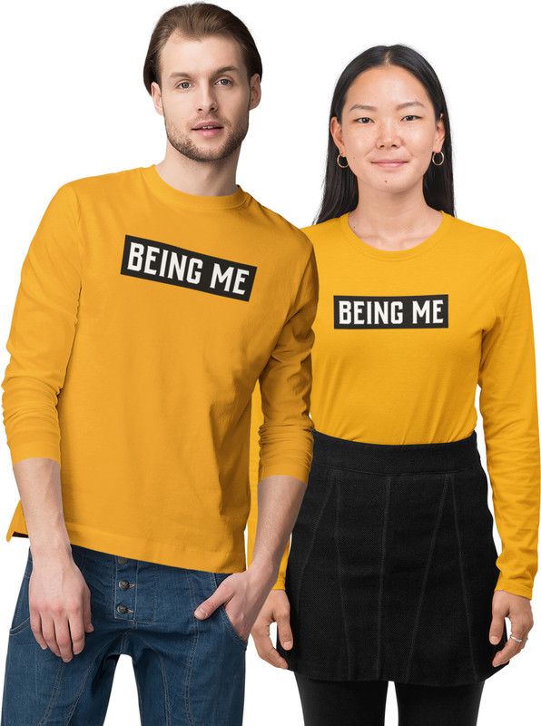Pack of 2 Couple Typography Round Neck Pure Cotton Yellow T-Shirt