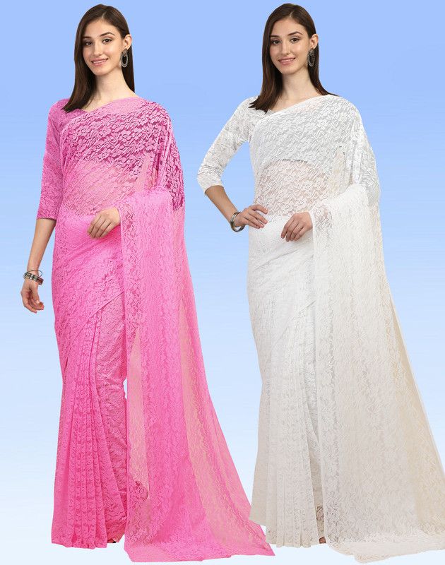 Embellished Bollywood Net, Brasso Saree  (Pack of 2, Pink, White)