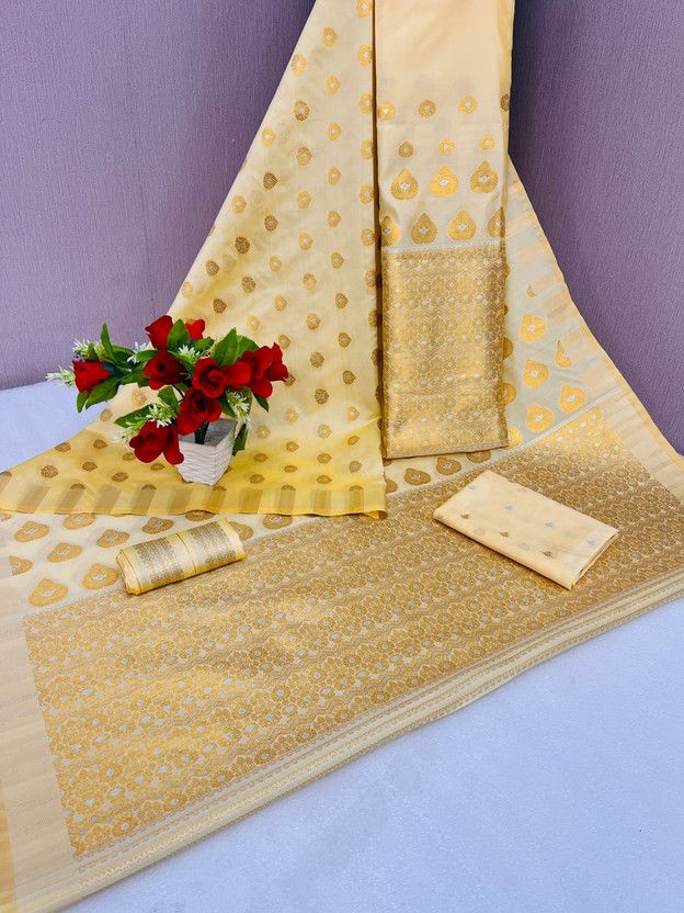 Embellished, Embroidered, Self Design, Woven Mekhela Chador Chanderi, Cotton Blend Saree  (Gold)