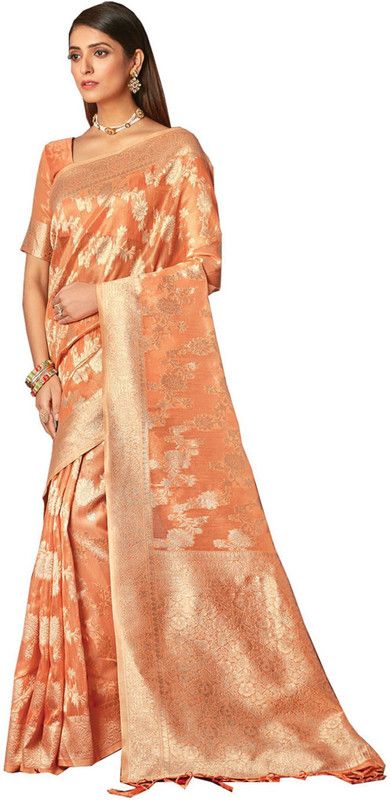 Woven Banarasi Pure Cotton Saree  (Orange)