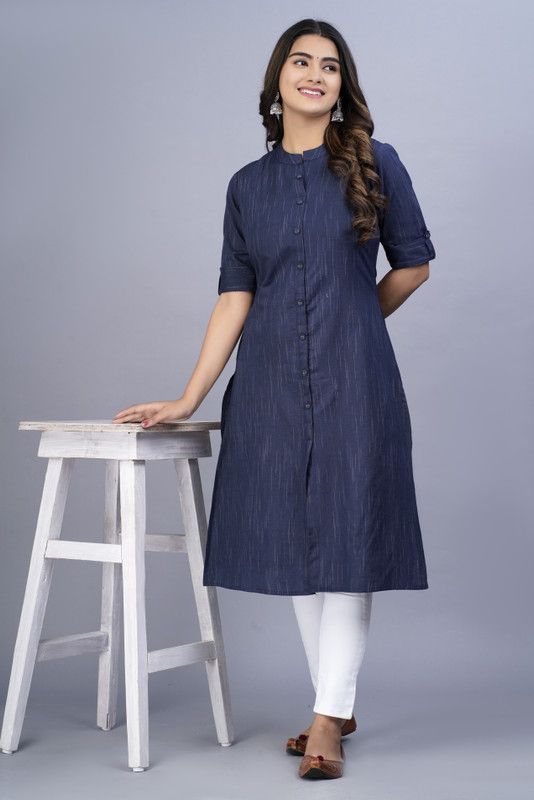 Women Solid Khadi Cotton A-line Kurta  (Dark Blue)