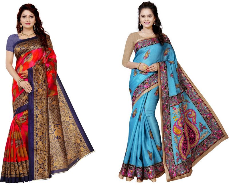 Printed Mysore Art Silk Saree  (Pack of 2, Light Blue, Red)