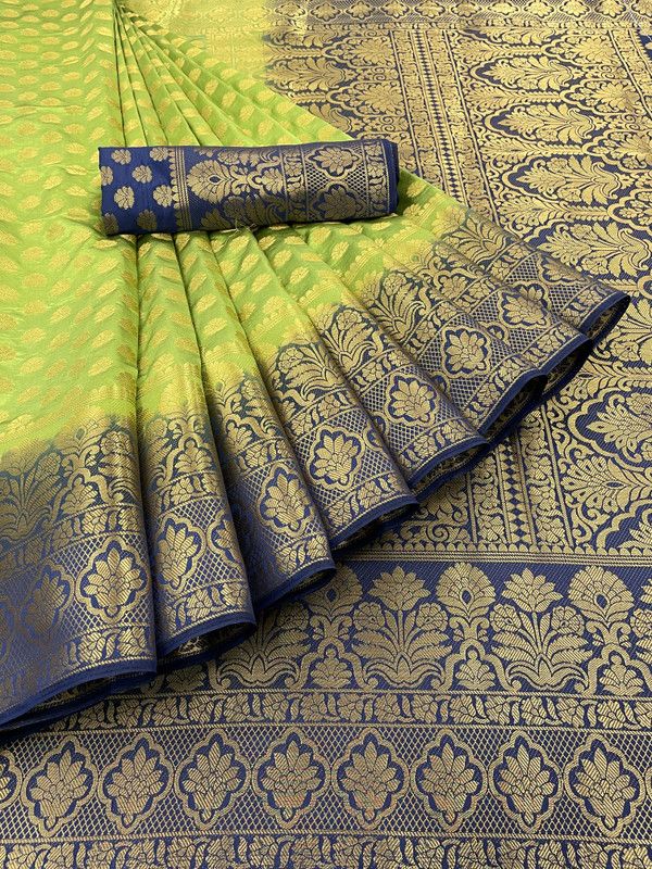 Kanjivaram Cotton Silk, Pure Silk Saree  (Light Green, Blue)