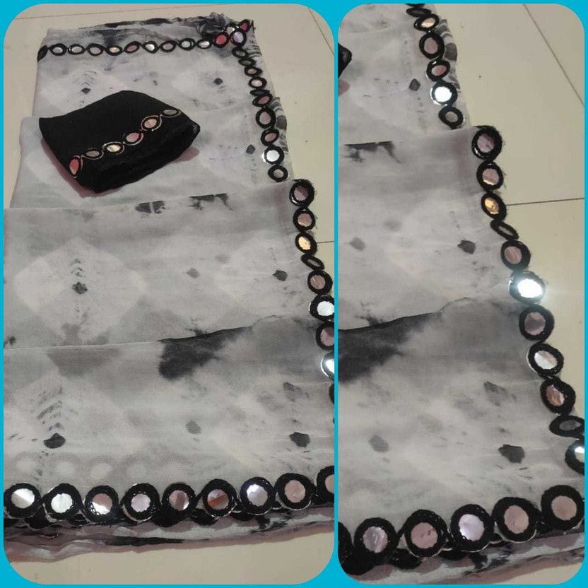 Color Block, Digital Print, Blocked Printed, Floral Print, Checkered Bandhani Chiffon Saree  (Black)