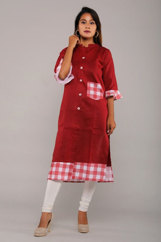 Women Solid, Checkered Cotton Blend Straight Kurta  (White, Maroon, Pink)