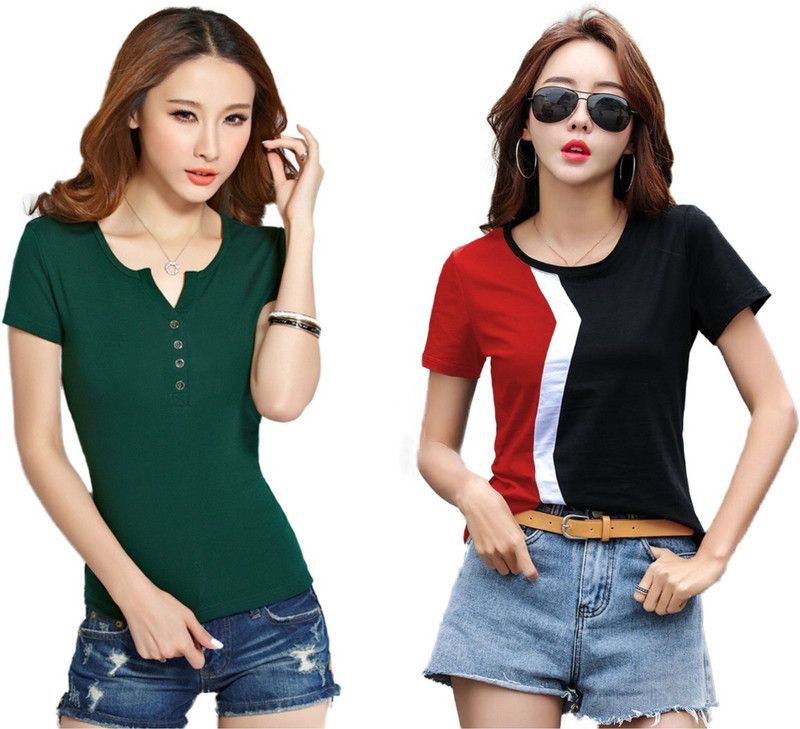 Pack of 2 Women Colorblock Round Neck Cotton Blend Red, Green T-Shirt