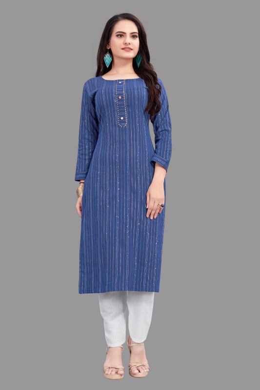 Women Self Design Cotton Linen Ethnic Dress  (Blue)
