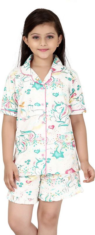 Girls Printed Hosiery Kids Nightwear  (White Pack of 1)