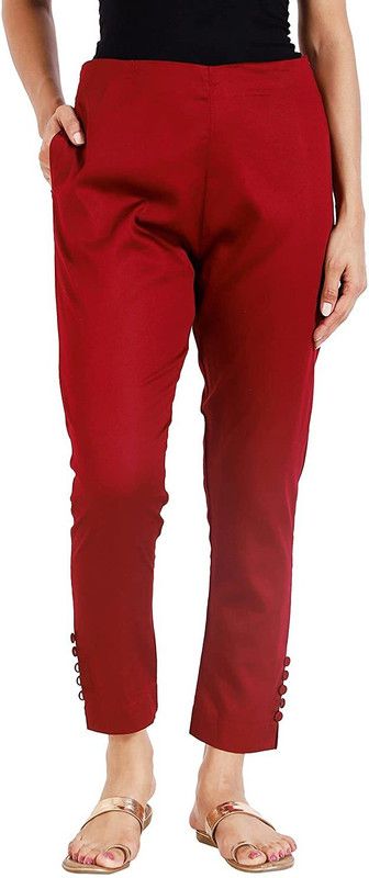 Women Slim Fit Maroon Cotton Blend Trousers