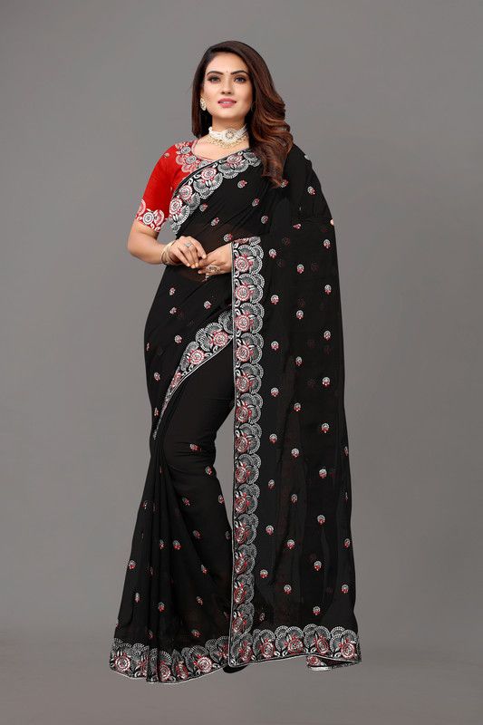 Embroidered Bollywood Georgette Saree  (Black)