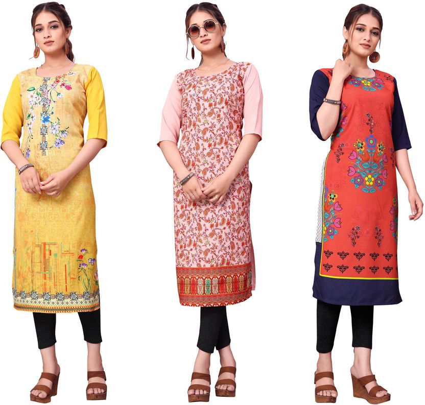 Pack of 3 Women Printed Crepe Straight Kurta  (Multicolor)