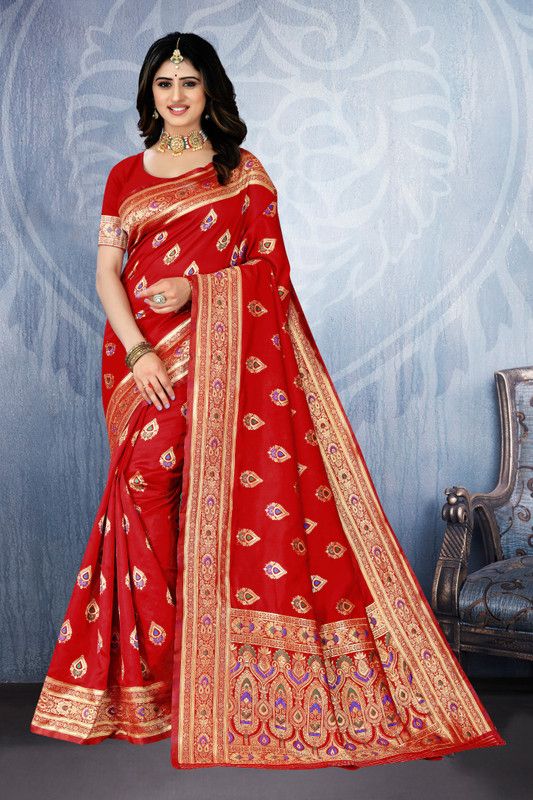 Woven Banarasi Jacquard, Art Silk Saree  (Red)