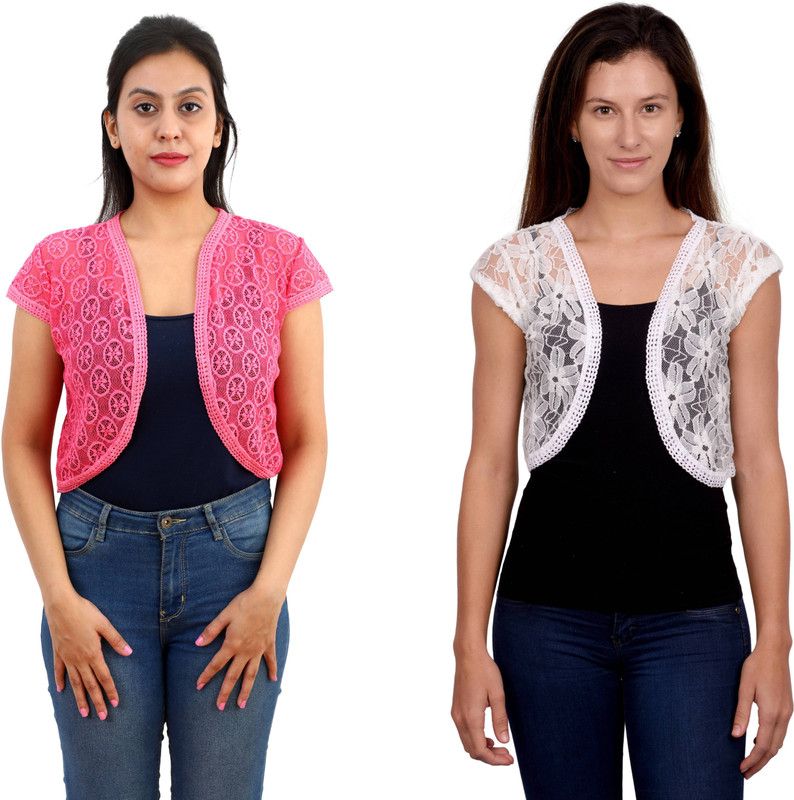 Women Short Sleeve Pink, White Shrug