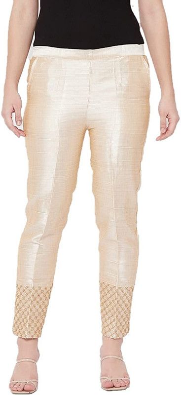 Women Regular Fit Cream Pure Silk Trousers