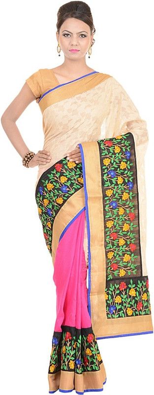Embroidered Banarasi Handloom Tussar Silk Saree  (Pink)