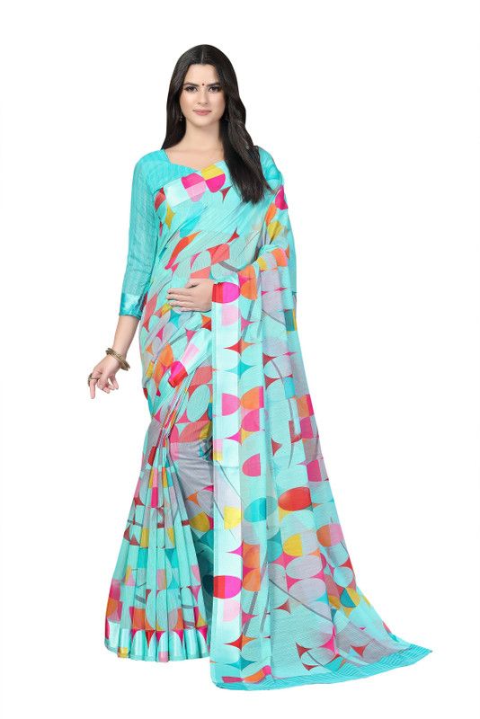 Printed Pochampally Satin, Cotton Silk Saree  (Light Blue)