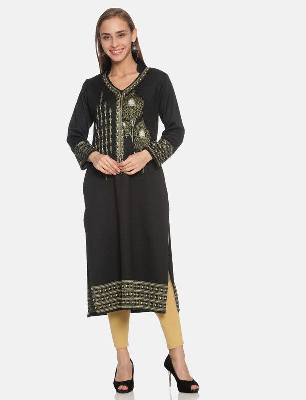 Women Printed Wool Straight Kurta  (Black)