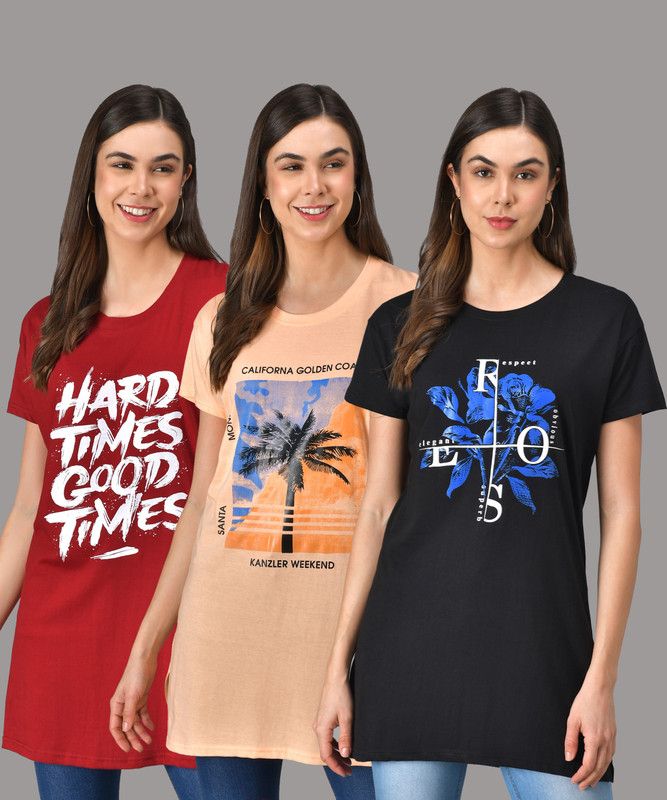 Pack of 3 Women Printed Round Neck Pure Cotton Red, Black, Beige T-Shirt