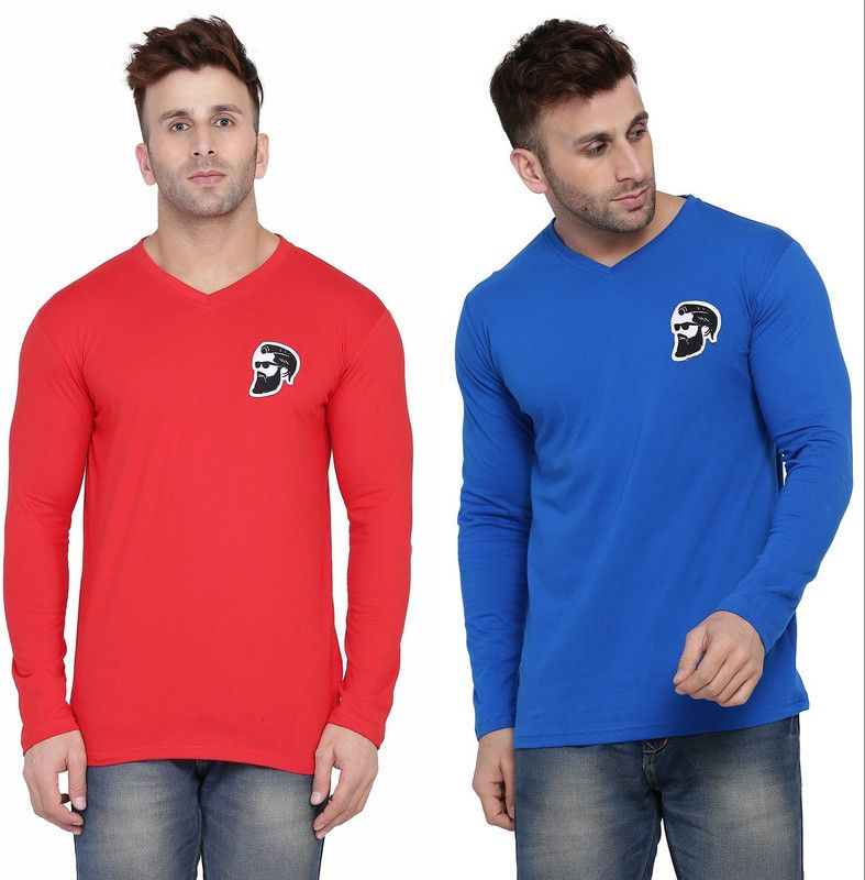 Pack of 2 Men Solid V Neck Cotton Blend Red, Blue T-Shirt