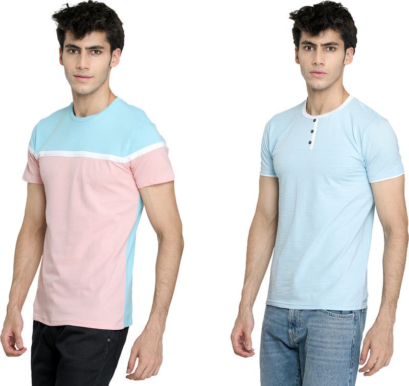 Color Block Men Pink, Light Blue T-Shirt  (Pack of 2)