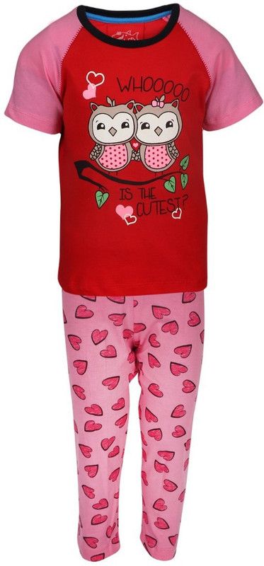 Girls Printed Cotton Blend Kids Nightwear  (Red Pack of 1)