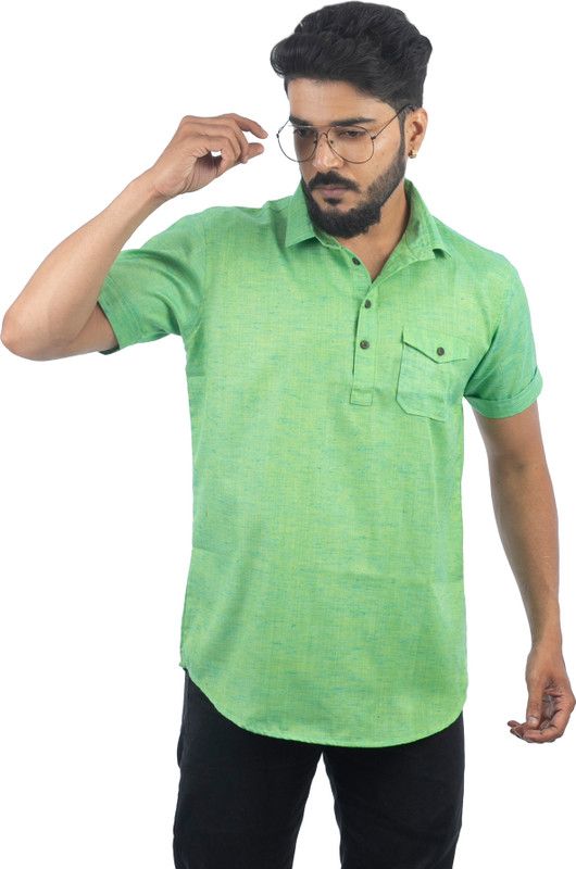 Men Self Design Cotton Blend Straight Kurta  (Green)