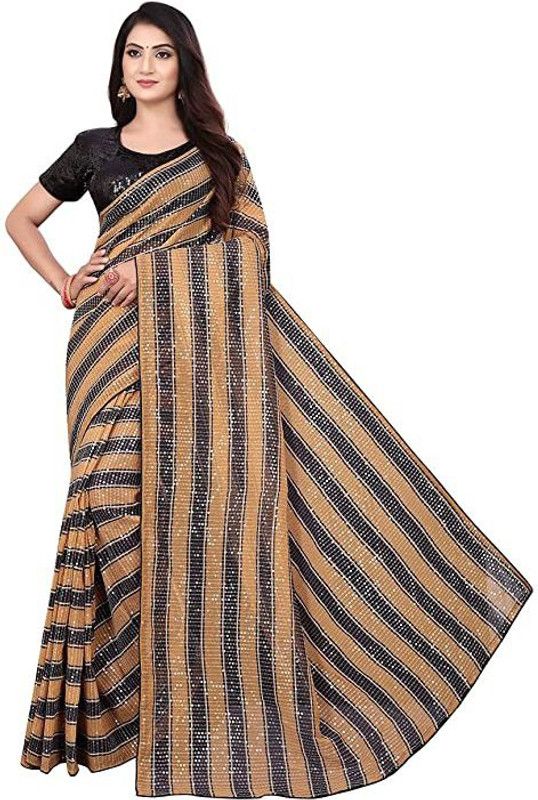 Striped Daily Wear Georgette Saree  (Black, Beige)