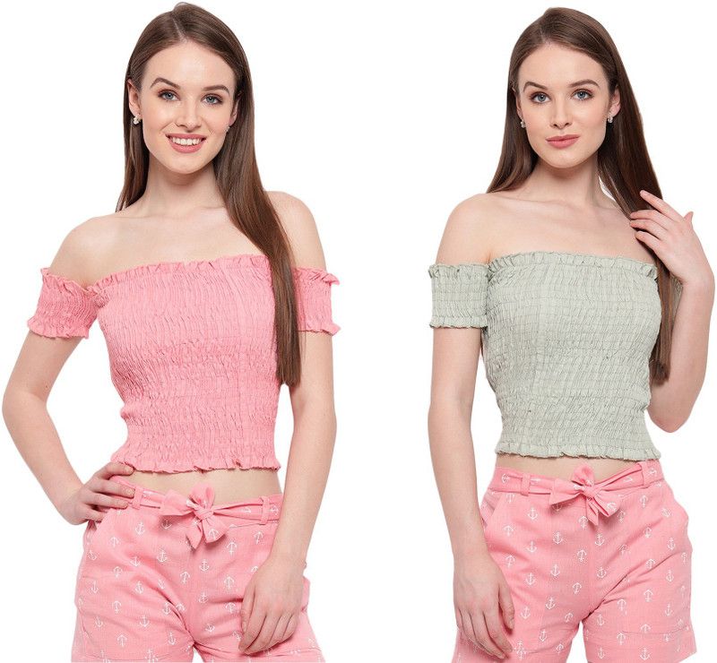 Pack of 2 Casual Cold Shoulder Sleeves Solid Women Pink, Grey Top