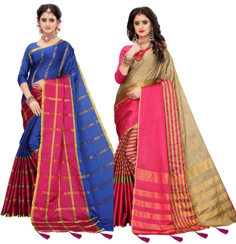 Striped Bollywood Tussar Silk, Cotton Silk Saree  (Pack of 2, Blue, Pink)