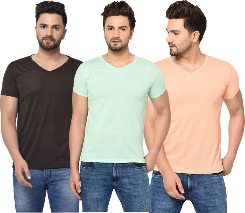 Pack of 3 Men Solid V Neck Cotton Blend Brown, Pink, Light Green T-Shirt