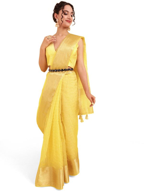 Self Design Kasavu Organza Saree  (Yellow)