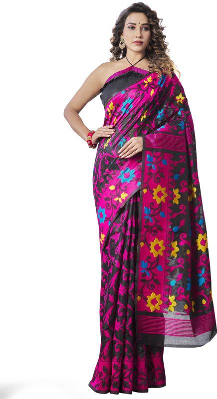 Printed Handloom Pure Cotton Saree  (Black)