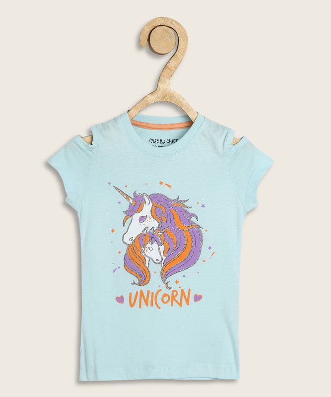 Girls Graphic Print Pure Cotton T Shirt  (Light Blue, Pack of 1)