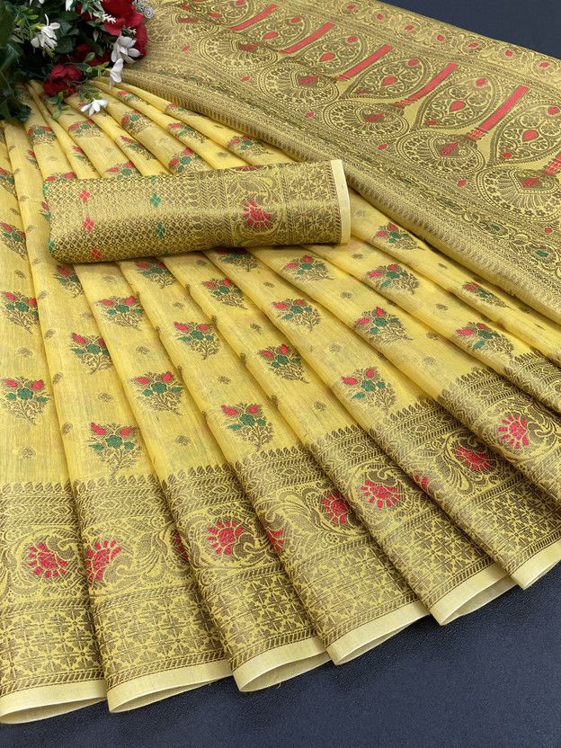 Woven Bollywood Jacquard, Chiffon Saree  (Yellow)