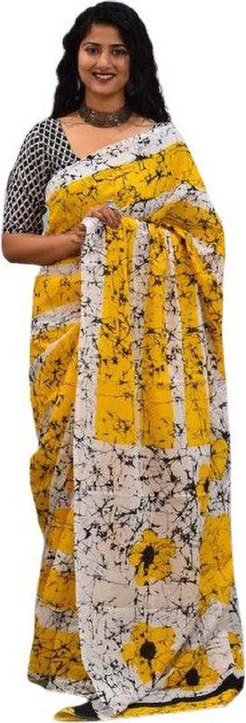 Printed, Self Design, Digital Print, Hand Painted, Blocked Printed Ikkat Pure Cotton Saree  (White, Yellow)