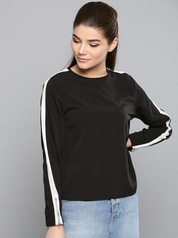 Casual Cuffed Sleeves Color Block Women Black Top