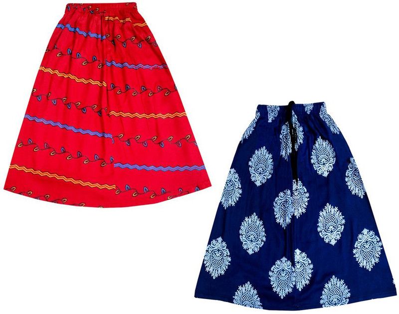 Girls Printed Flared Red, Dark Blue Skirt