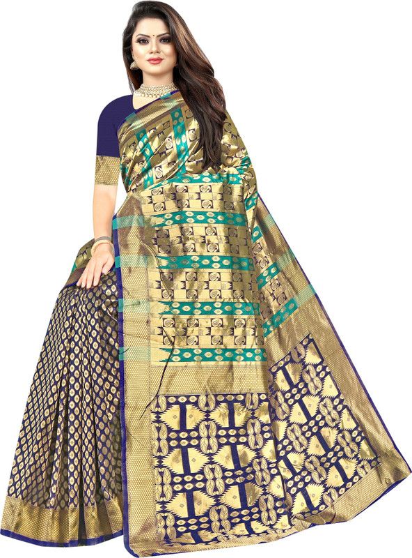 Woven Kanjivaram Art Silk Saree  (Green, Blue)