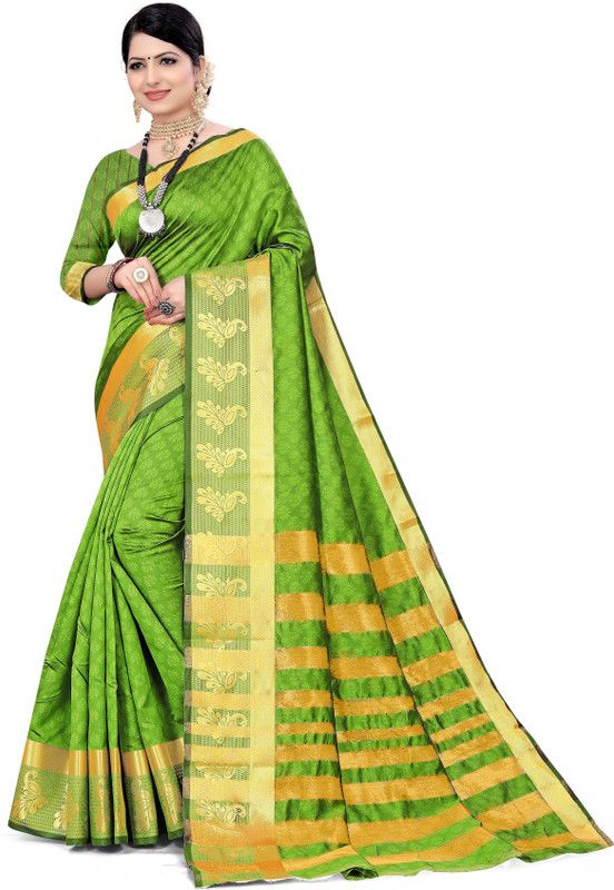 Woven Kanjivaram Cotton Silk Saree  (Green, Gold)