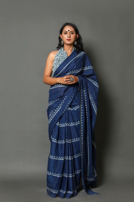 Printed Hand Batik Pure Cotton Saree  (Dark Blue)