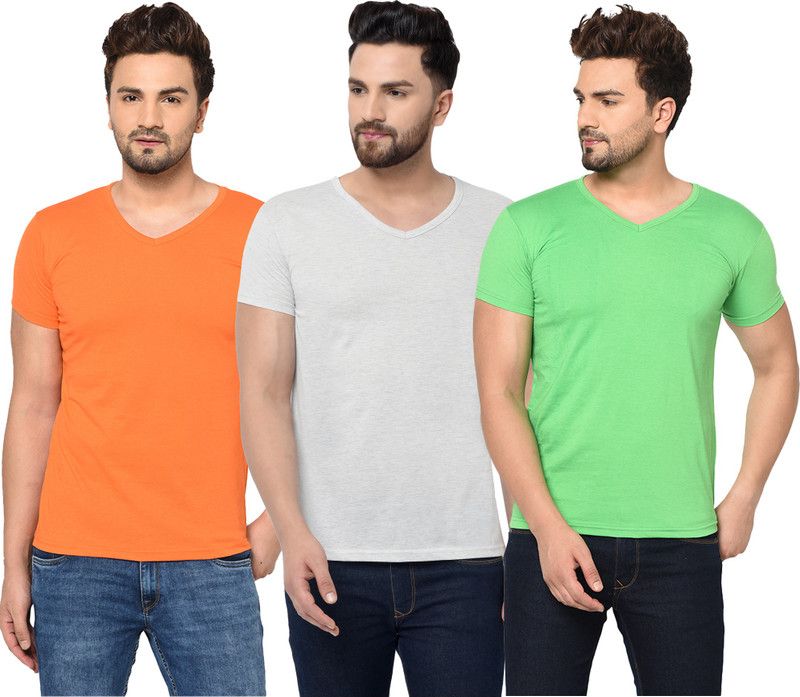 Pack of 3 V neck Combo T-shirts Multicolor Men Solid V Neck Cotton Blend White, Green, Orange T-Shirt