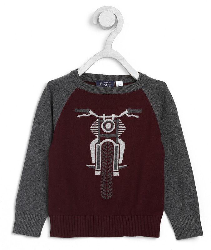 Boys Self Design Round Neck Maroon, Grey Sweater
