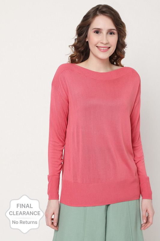 Women Solid Boat Neck Pink Sweater