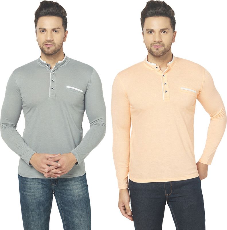 Pack of 2 Solid Combo of Two Henley Neck T-Shirt Men Solid Henley Neck Cotton Blend Grey, Beige T-Shirt