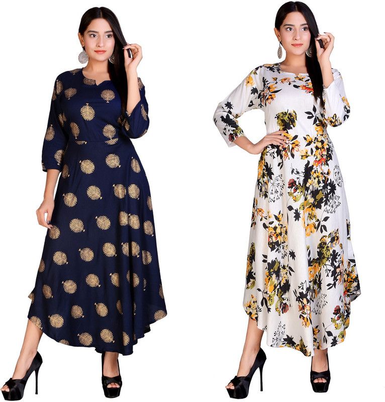 Printed Rayon Blend Stitched Flared/A-line Gown  (Dark Blue, White, Gold)