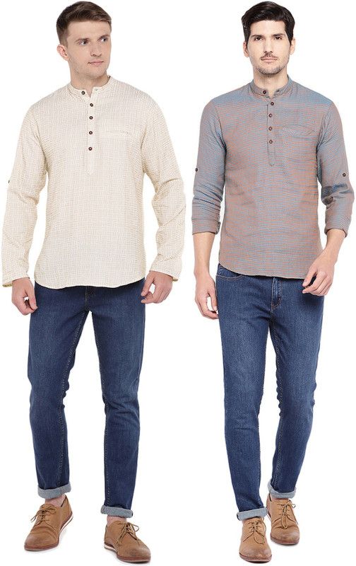 Pack of 2 Men Self Design Jacquard, Pure Cotton Straight Kurta  (White, Blue, Orange, Beige)