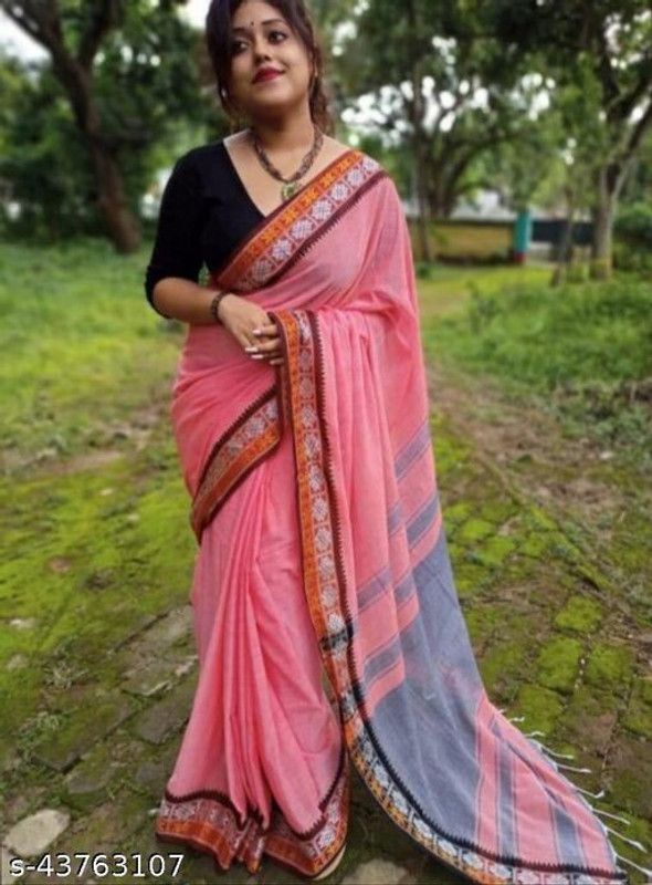 Handloom Cotton Blend Saree  (Pink)
