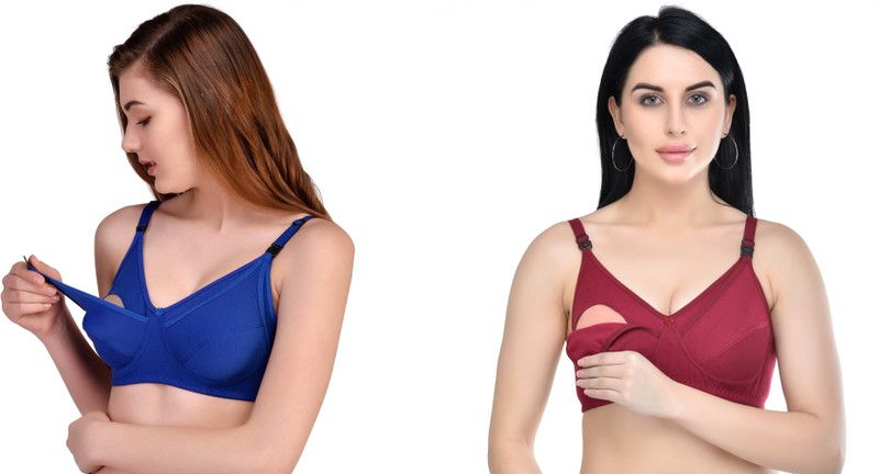 Pack of 2 Women Maternity/Nursing Non Padded Bra  (Blue, Maroon)